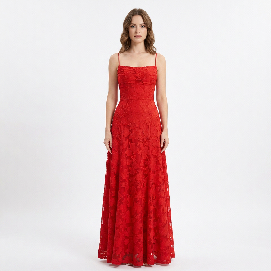 Women's Lace Maxi Dress Spaghetti Strap Square Neck A-Line