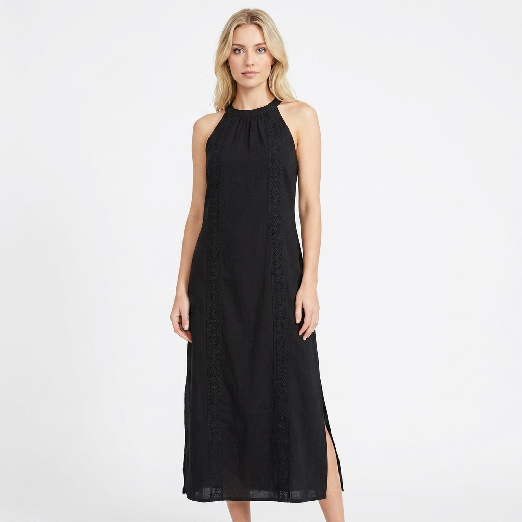 Women's Halter Neck Maxi Dress Sleeveless Crochet Trim Side Slit