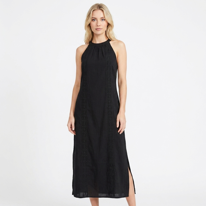 Women's Halter Neck Maxi Dress Sleeveless Crochet Trim Side Slit