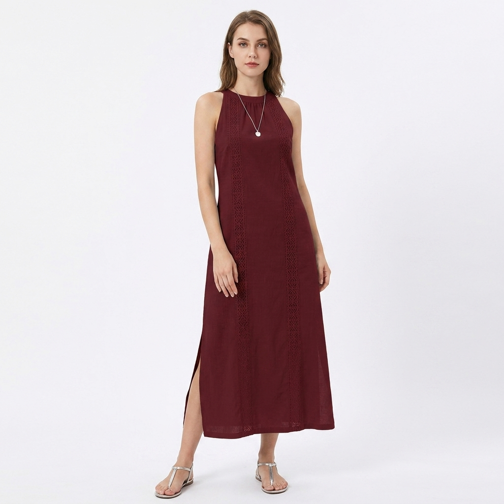 Women's Halter Neck Maxi Dress Sleeveless Crochet Trim Side Slit