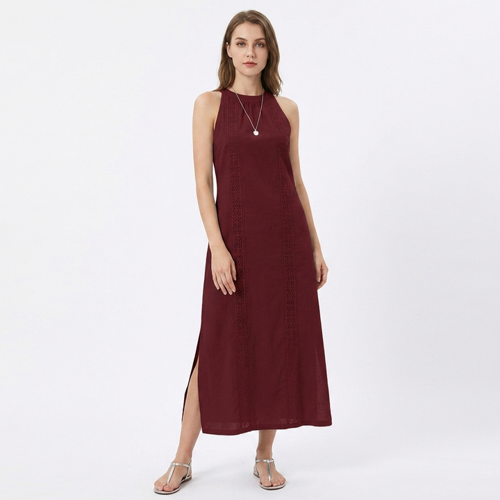 Women's Halter Neck Maxi Dress Sleeveless Crochet Trim Side Slit