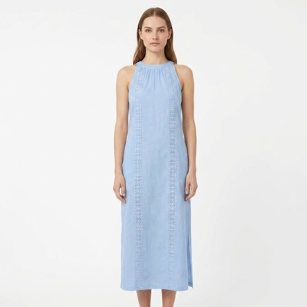 Women's Halter Neck Maxi Dress Sleeveless Crochet Trim Side Slit
