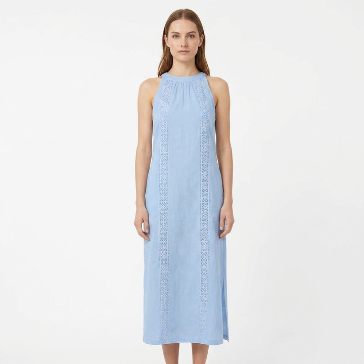 Women's Halter Neck Maxi Dress Sleeveless Crochet Trim Side Slit