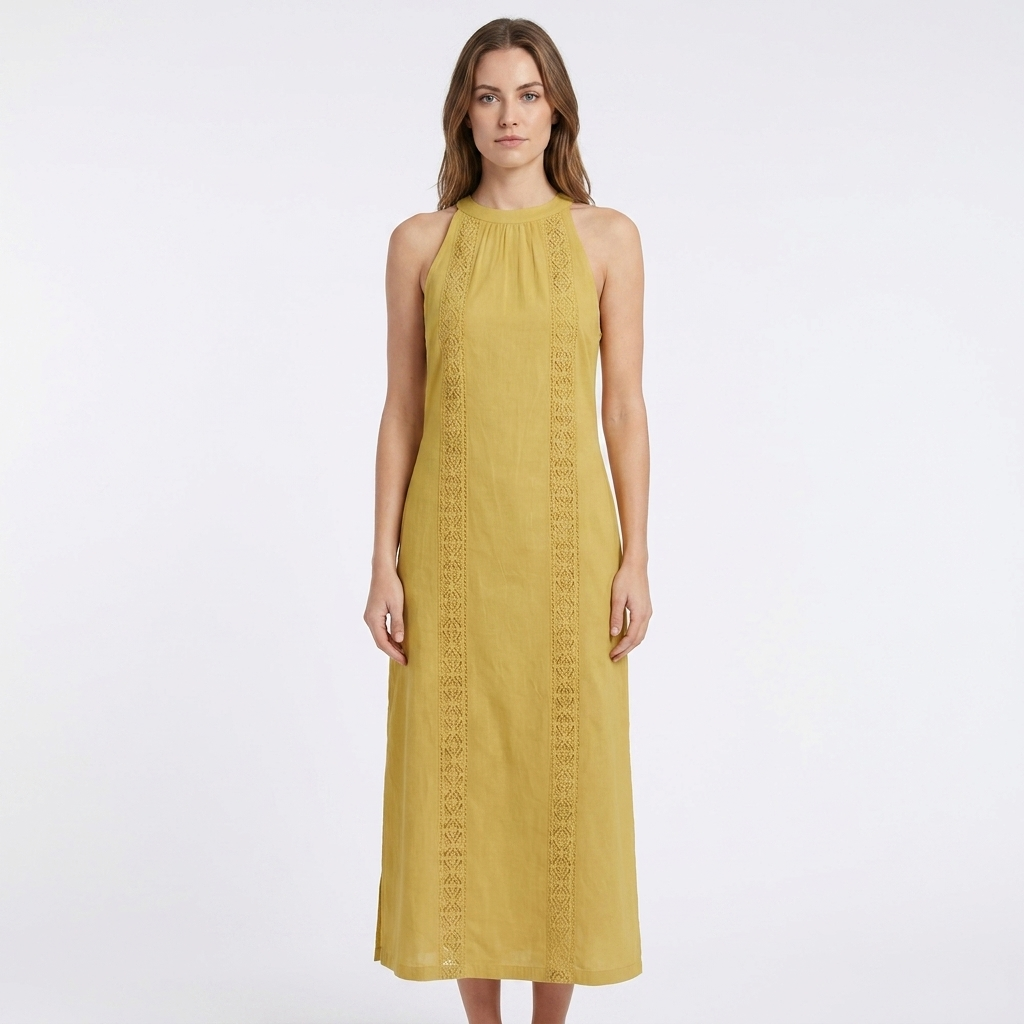 Women's Halter Neck Maxi Dress Sleeveless Crochet Trim Side Slit