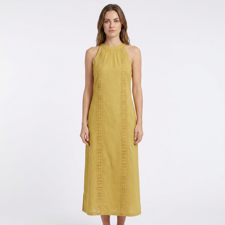 Women's Halter Neck Maxi Dress Sleeveless Crochet Trim Side Slit