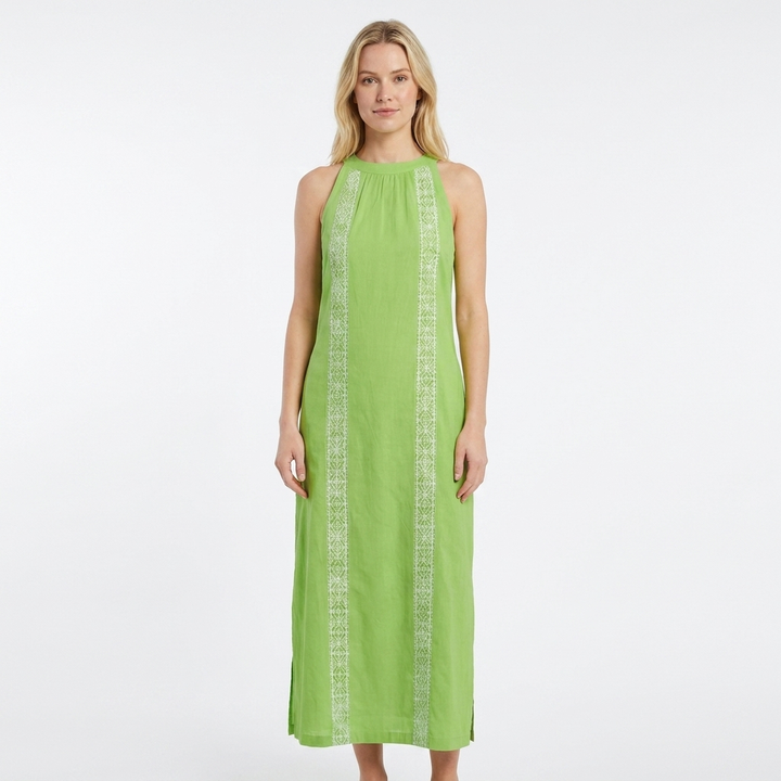 Women's Halter Neck Maxi Dress Sleeveless Crochet Trim Side Slit