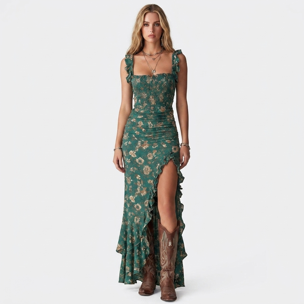Women's Ruffle Strap Floral Mermaid Dress Smocked Bodice Slit