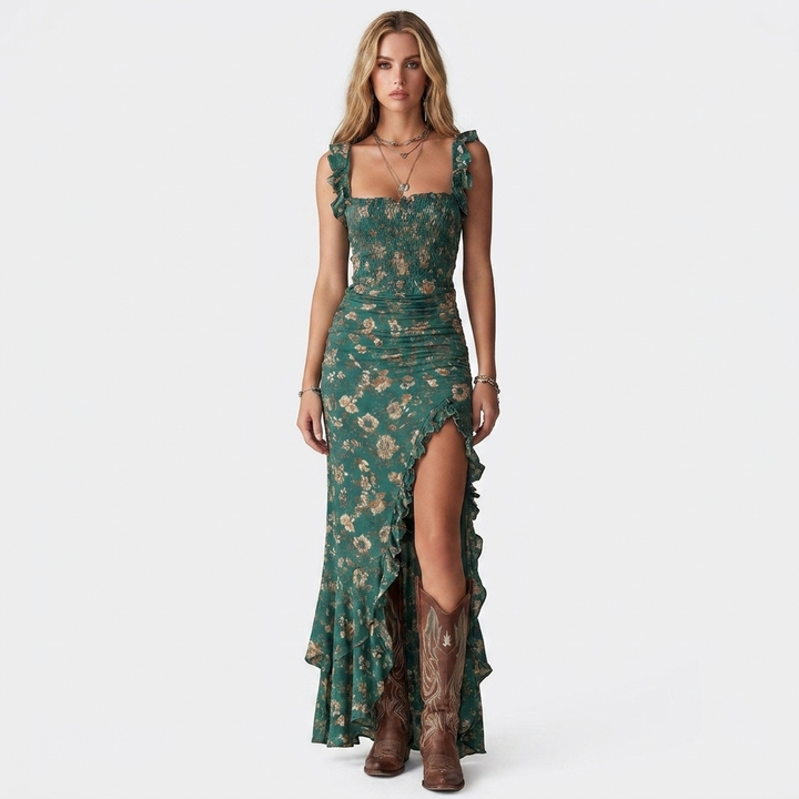 Women's Ruffle Strap Floral Mermaid Dress Smocked Bodice Slit