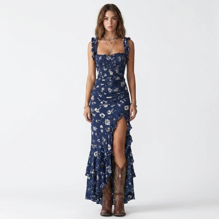 Women's Ruffle Strap Floral Mermaid Dress Smocked Bodice Slit
