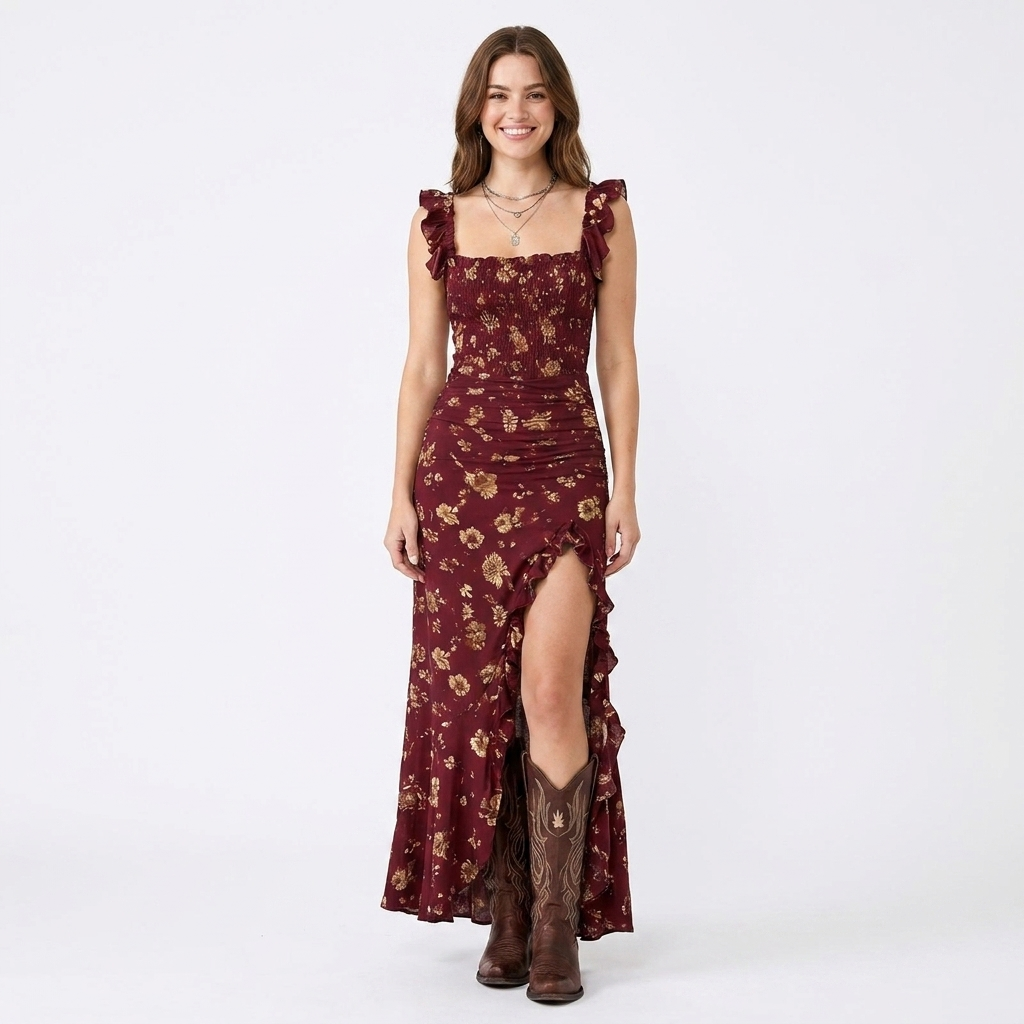 Women's Ruffle Strap Floral Mermaid Dress Smocked Bodice Slit