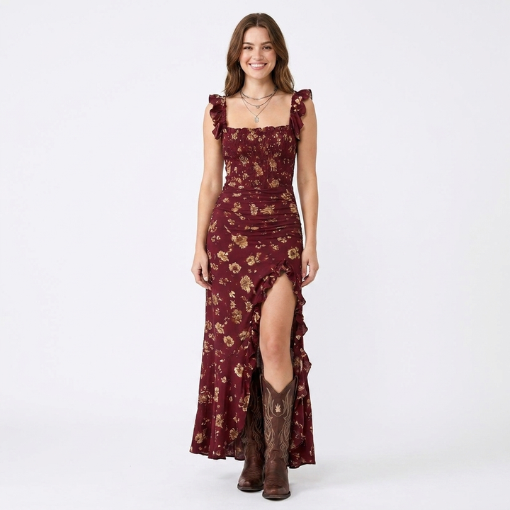 Women's Ruffle Strap Floral Mermaid Dress Smocked Bodice Slit