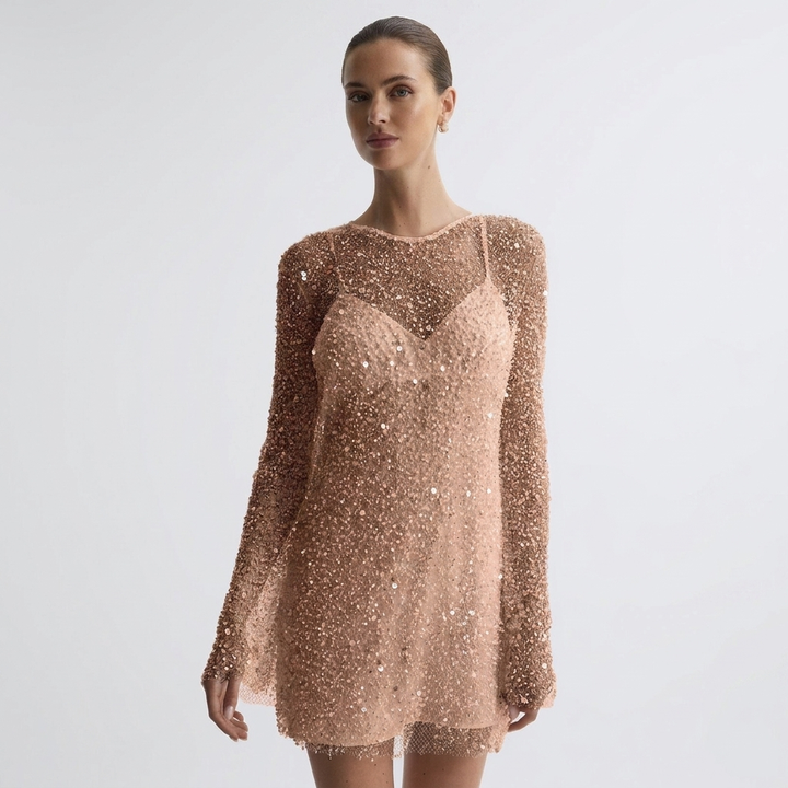 Women's Sequin Mesh Mini Dress Long Sleeve Sheer Layered