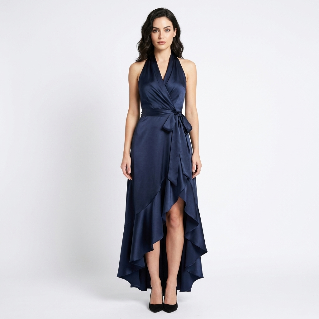 Women's Satin Wrap Dress Halter Neck Tie Waist Ruffle Hem