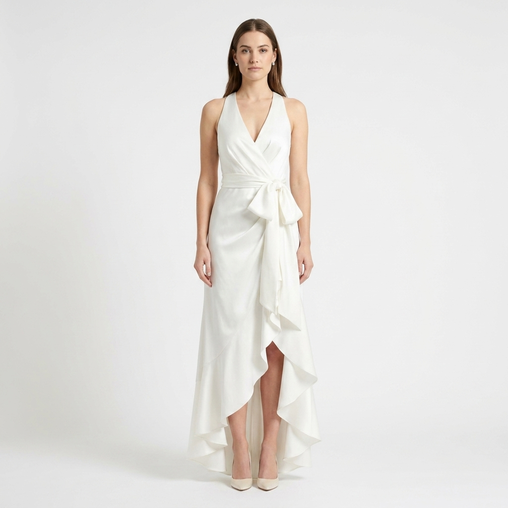 Women's Satin Wrap Dress Halter Neck Tie Waist Ruffle Hem