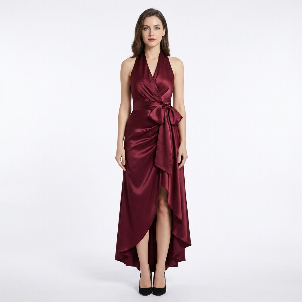 Women's Satin Wrap Dress Halter Neck Tie Waist Ruffle Hem