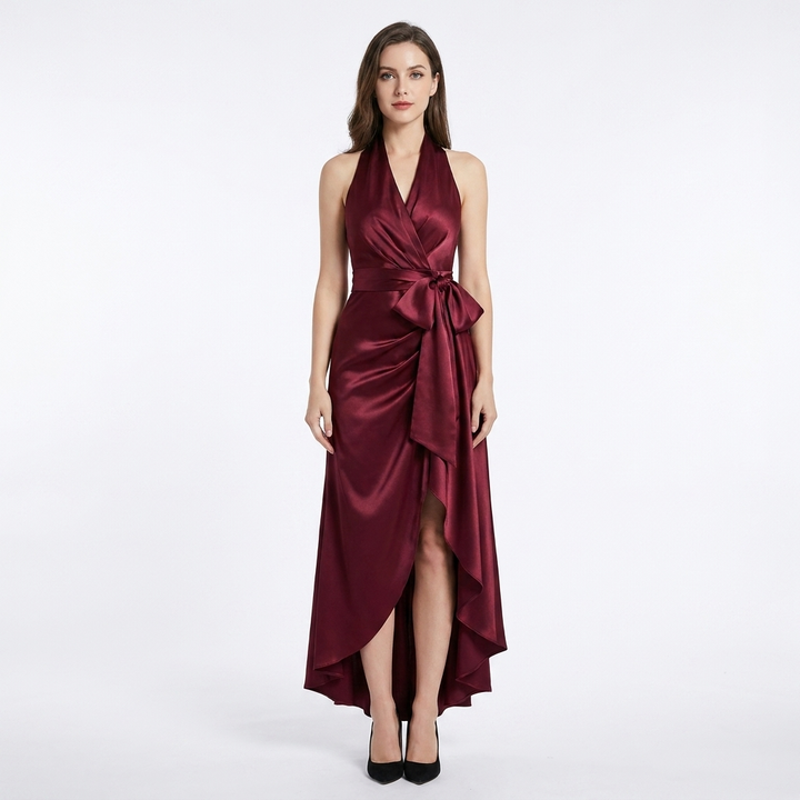 Women's Satin Wrap Dress Halter Neck Tie Waist Ruffle Hem