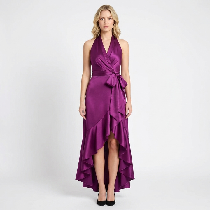 Women's Satin Wrap Dress Halter Neck Tie Waist Ruffle Hem