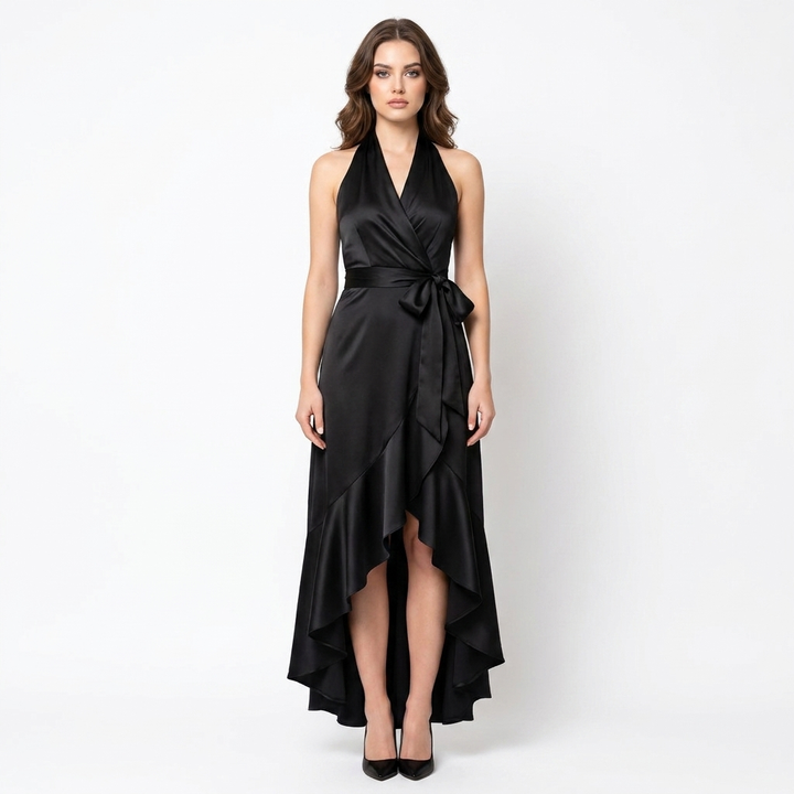 Women's Satin Wrap Dress Halter Neck Tie Waist Ruffle Hem