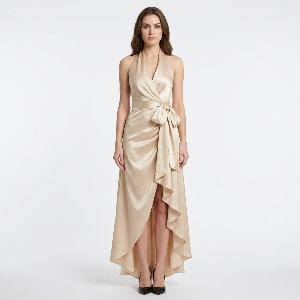 Women's Satin Wrap Dress Halter Neck Tie Waist Ruffle Hem