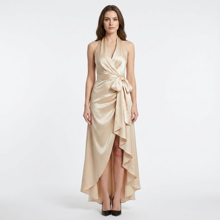 Women's Satin Wrap Dress Halter Neck Tie Waist Ruffle Hem