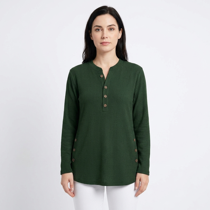 Women's Waffle Knit Henley Top Long Sleeve Button Side Slit