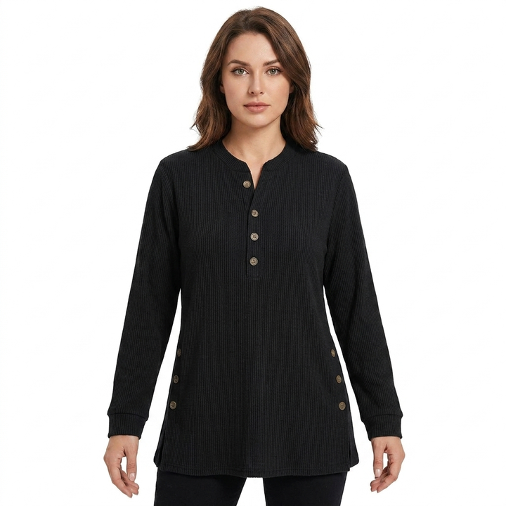 Women's Waffle Knit Henley Top Long Sleeve Button Side Slit