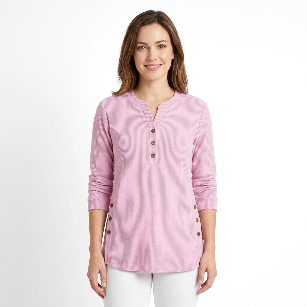 Women's Waffle Knit Henley Top Long Sleeve Button Side Slit