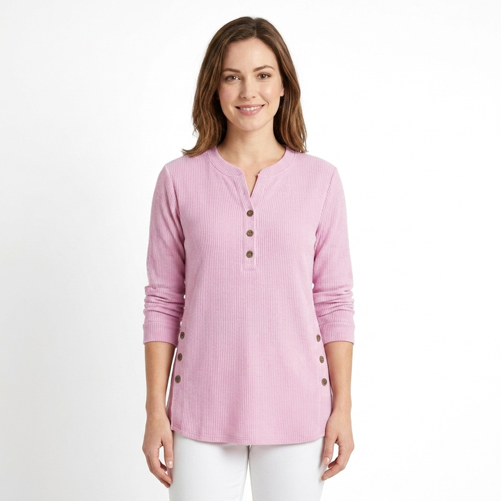 Women's Waffle Knit Henley Top Long Sleeve Button Side Slit
