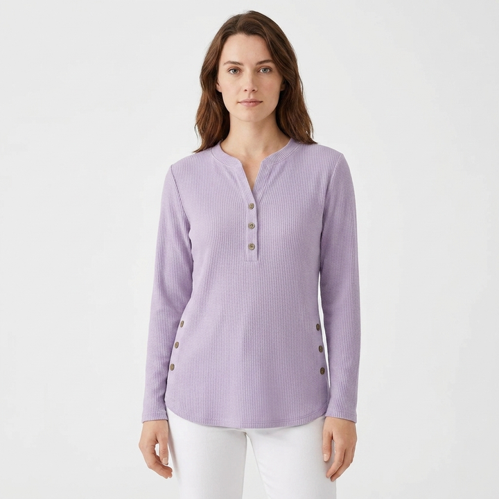 Women's Waffle Knit Henley Top Long Sleeve Button Side Slit
