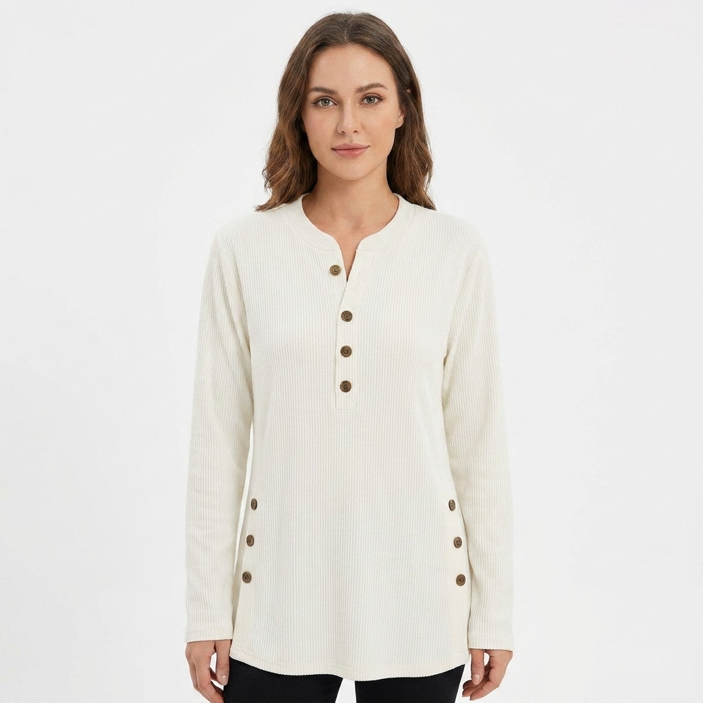 Women's Waffle Knit Henley Top Long Sleeve Button Side Slit