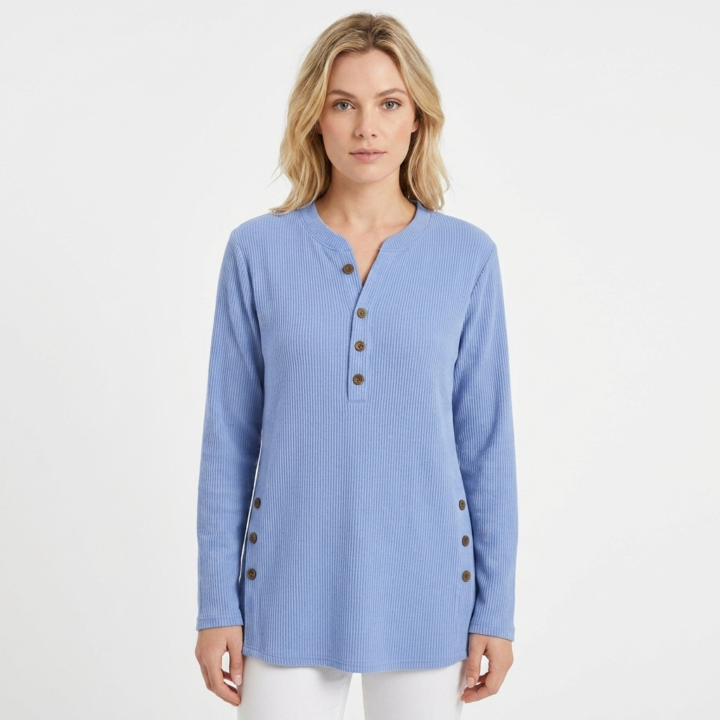 Women's Waffle Knit Henley Top Long Sleeve Button Side Slit