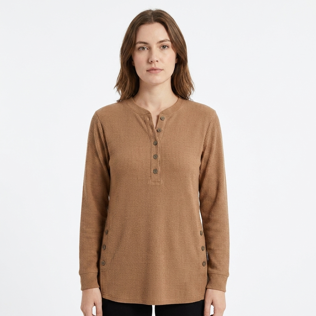 Women's Waffle Knit Henley Top Long Sleeve Button Side Slit