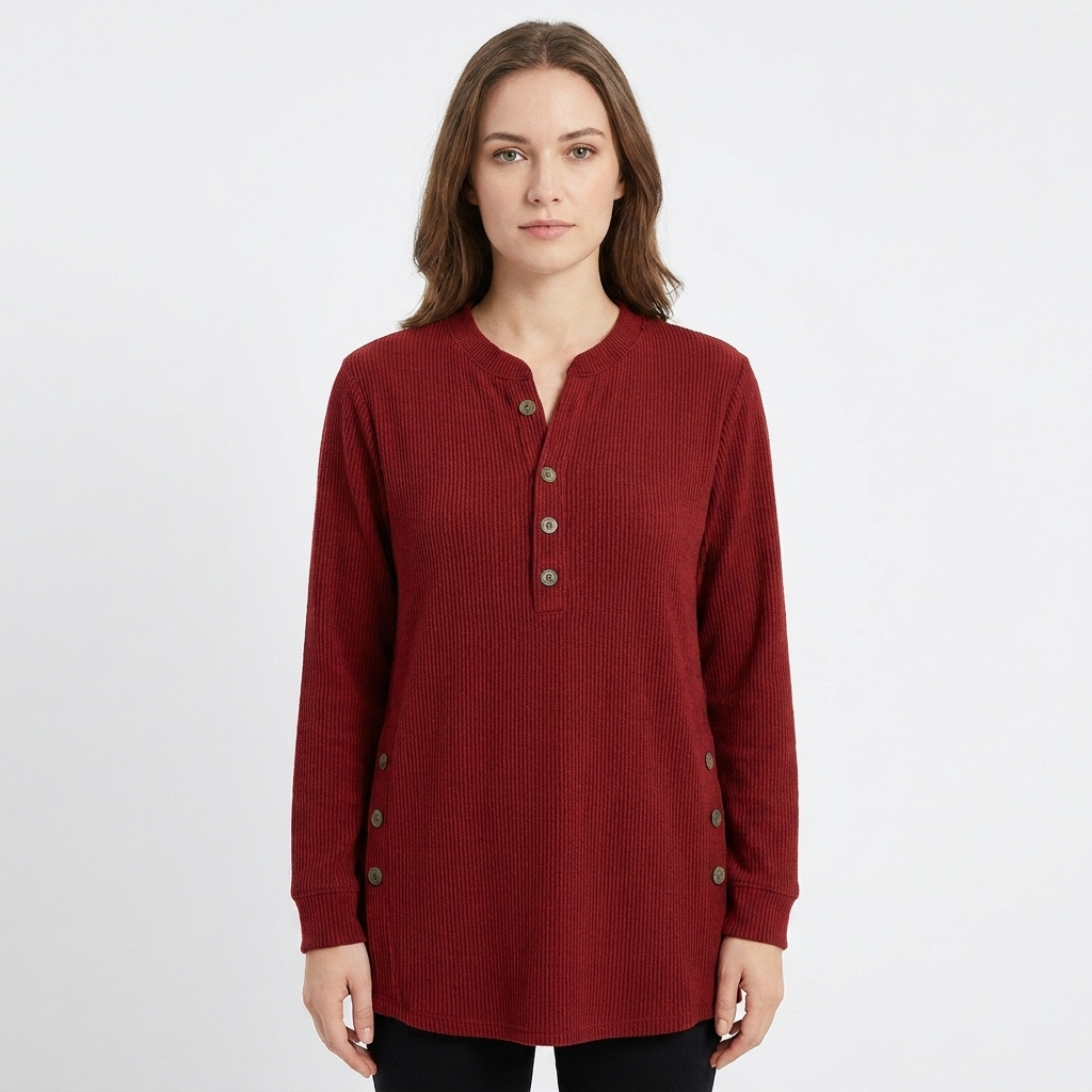 Women's Waffle Knit Henley Top Long Sleeve Button Side Slit