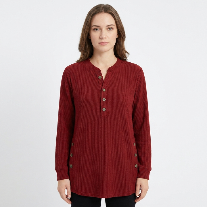 Women's Waffle Knit Henley Top Long Sleeve Button Side Slit
