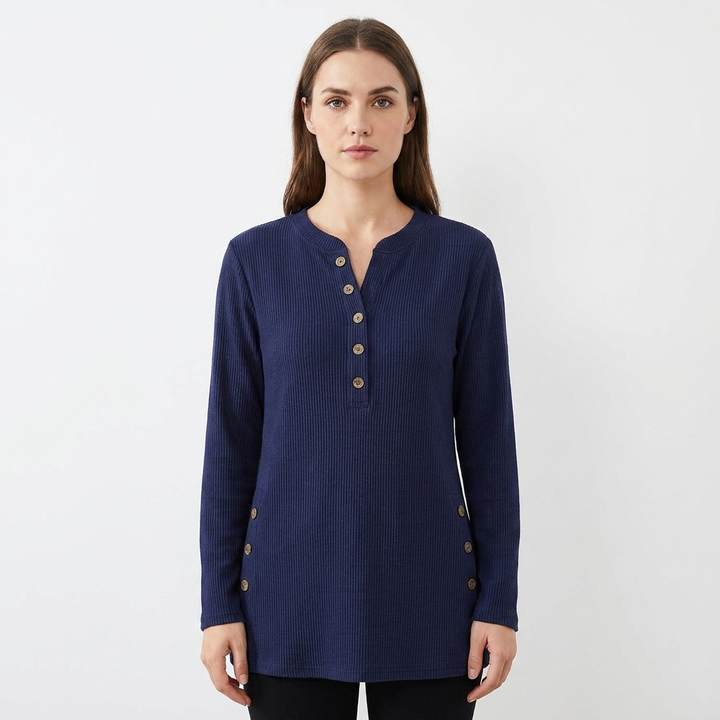Women's Waffle Knit Henley Top Long Sleeve Button Side Slit