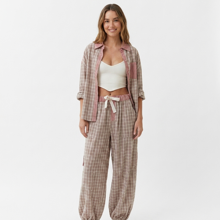 Women's Cotton Pajama Set Striped Contrast-Trim Two-Piece Loungewear