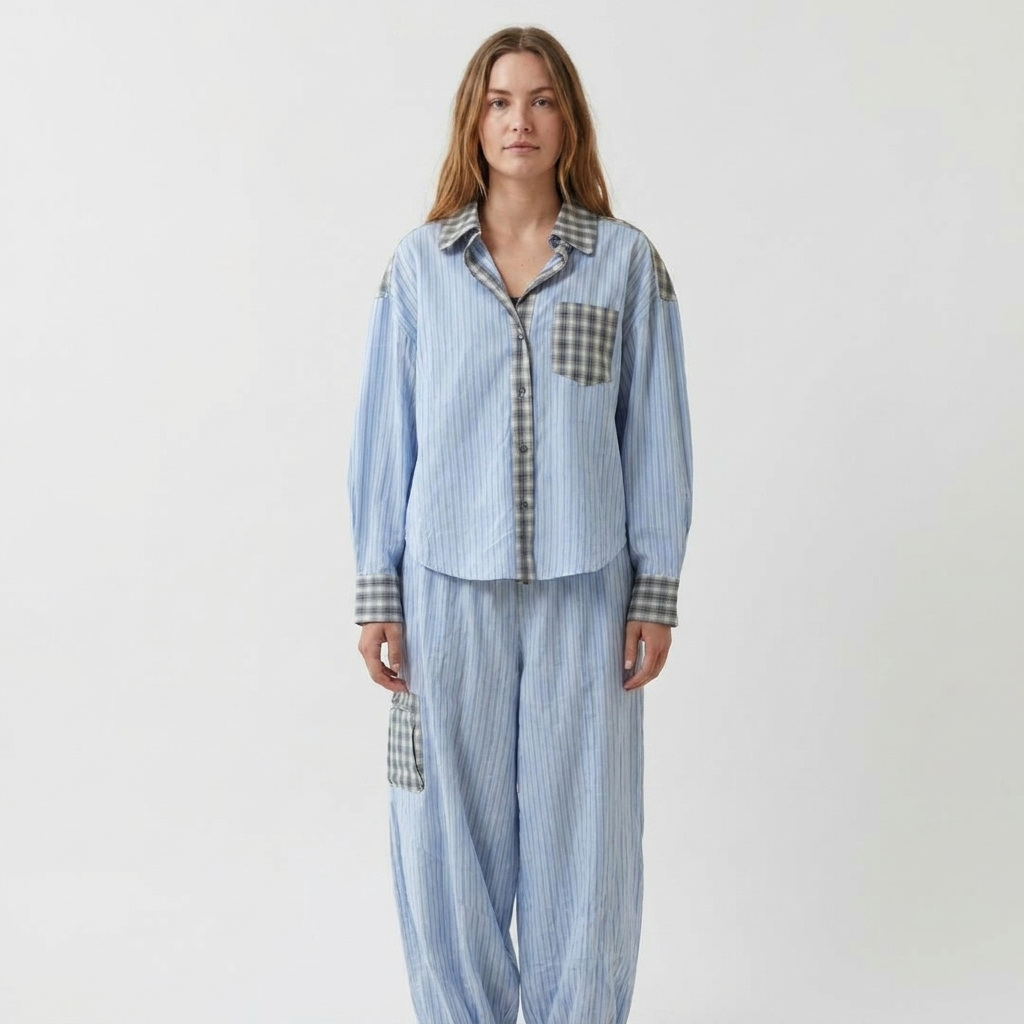 Women's Cotton Pajama Set Striped Contrast-Trim Two-Piece Loungewear