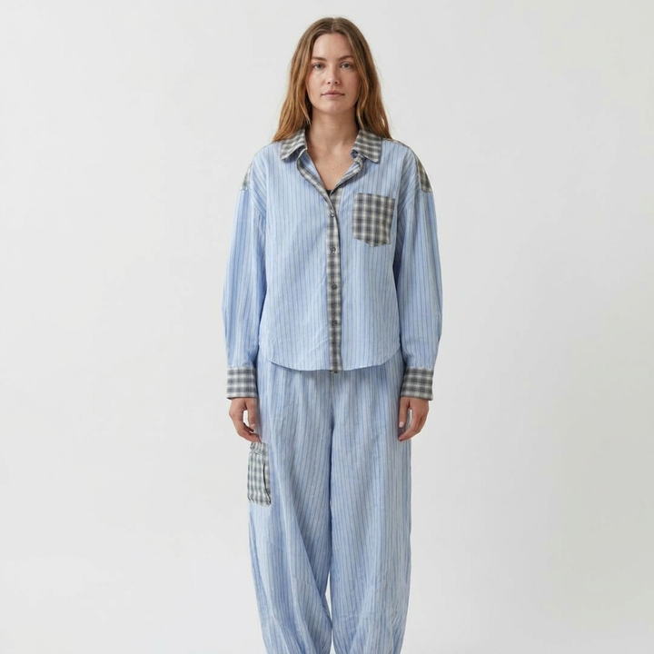 Women's Cotton Pajama Set Striped Contrast-Trim Two-Piece Loungewear