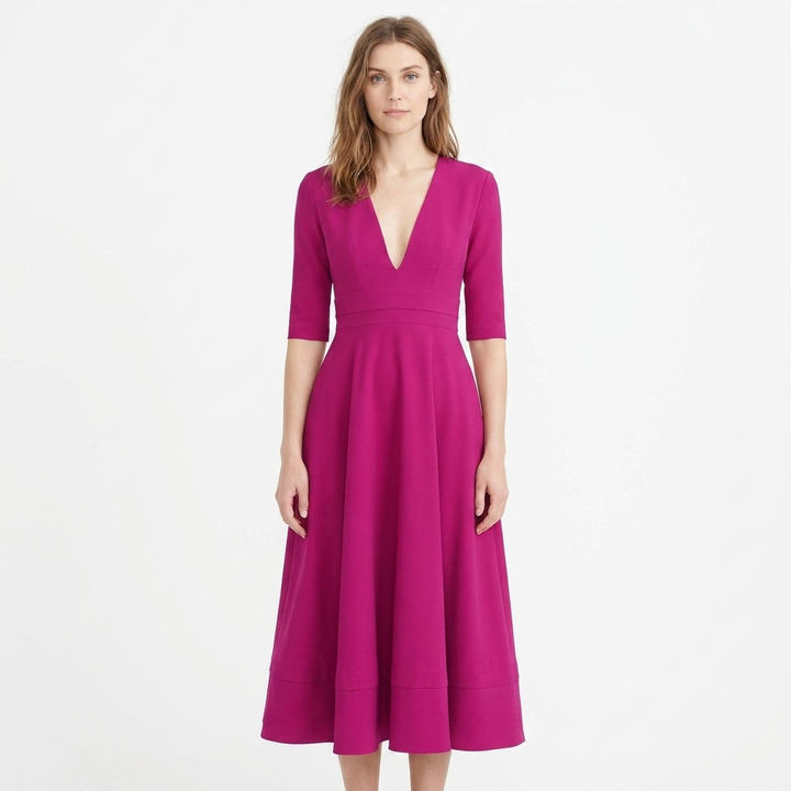 Women's V-Neck Midi Dress Fit-and-Flare Half-Sleeve Formal