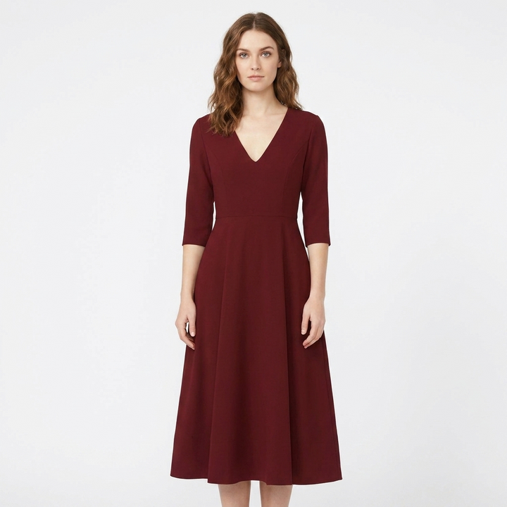 Women's V-Neck Midi Dress Fit-and-Flare Half-Sleeve Formal