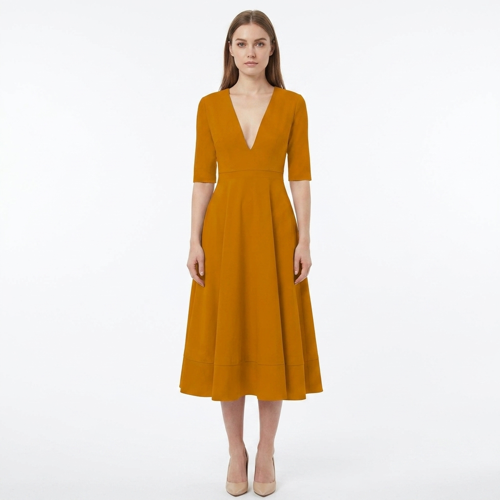 Women's V-Neck Midi Dress Fit-and-Flare Half-Sleeve Formal