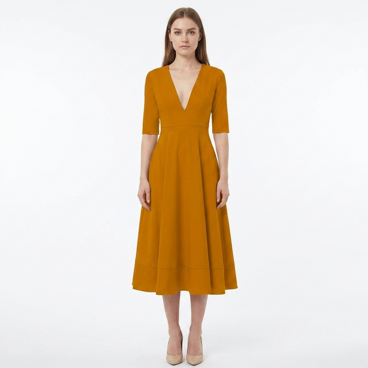 Women's V-Neck Midi Dress Fit-and-Flare Half-Sleeve Formal