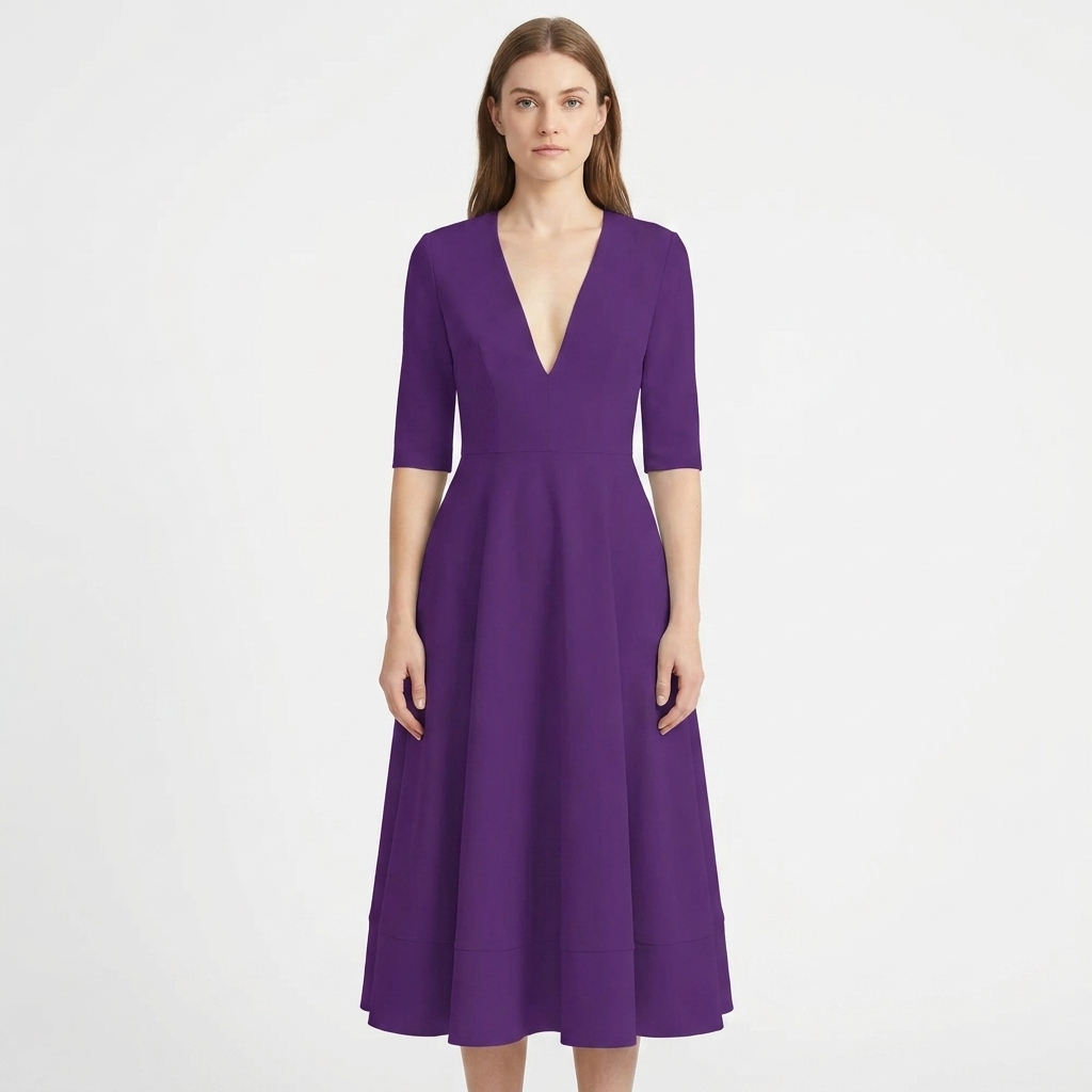 Women's V-Neck Midi Dress Fit-and-Flare Half-Sleeve Formal