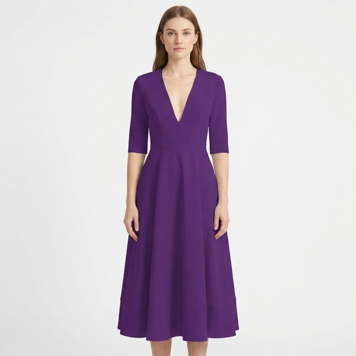 Women's V-Neck Midi Dress Fit-and-Flare Half-Sleeve Formal