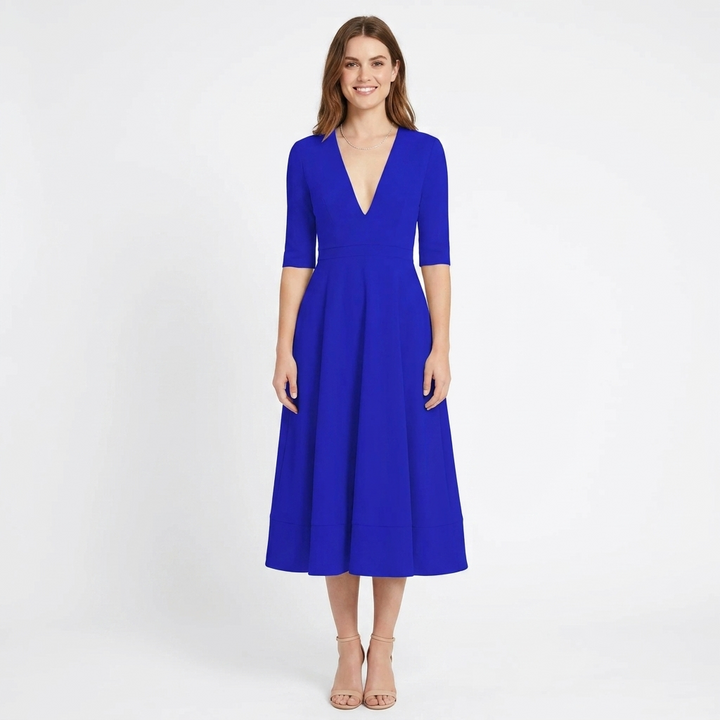 Women's V-Neck Midi Dress Fit-and-Flare Half-Sleeve Formal