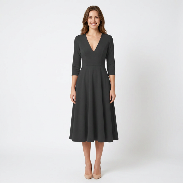 Women's V-Neck Midi Dress Fit-and-Flare Half-Sleeve Formal