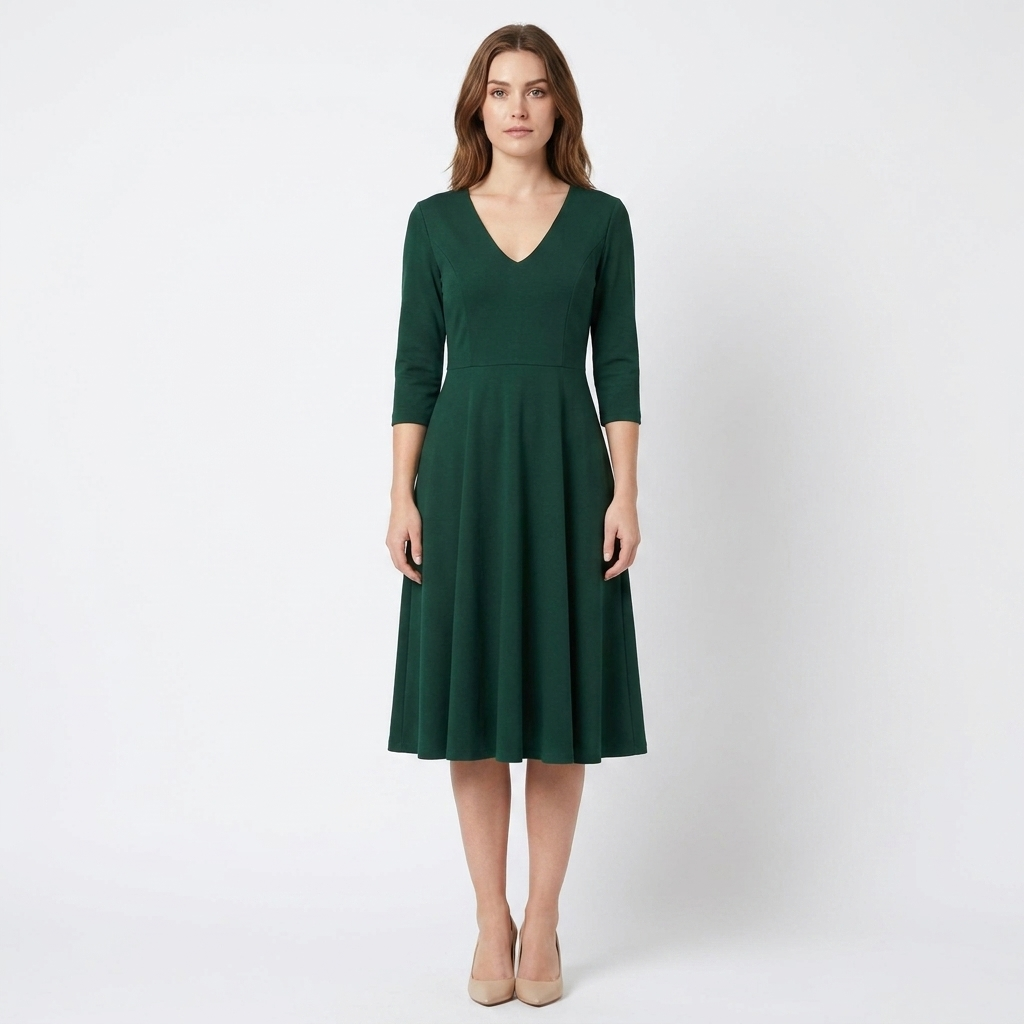 Women's V-Neck Midi Dress Fit-and-Flare Half-Sleeve Formal