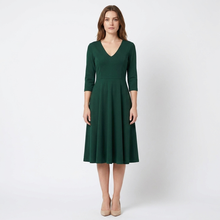 Women's V-Neck Midi Dress Fit-and-Flare Half-Sleeve Formal