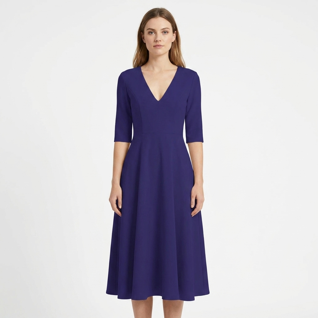 Women's V-Neck Midi Dress Fit-and-Flare Half-Sleeve Formal