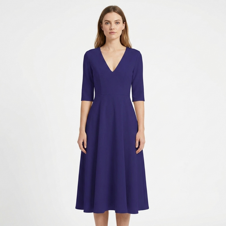 Women's V-Neck Midi Dress Fit-and-Flare Half-Sleeve Formal
